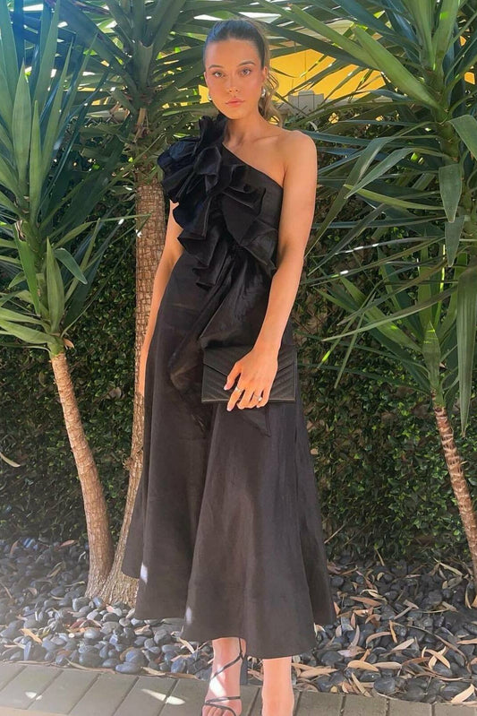 ADELIA RUFFLE MIDI DRESS | BLACK