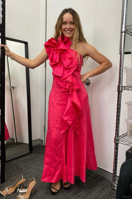 ADELIA RUFFLE MIDI DRESS | BOUGAINVILLEA RED