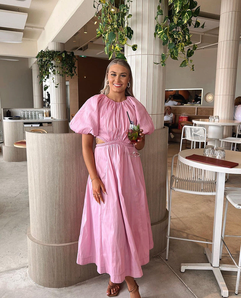 CAPUCINE PUFF SLEEVE MIDI DRESS | PINK