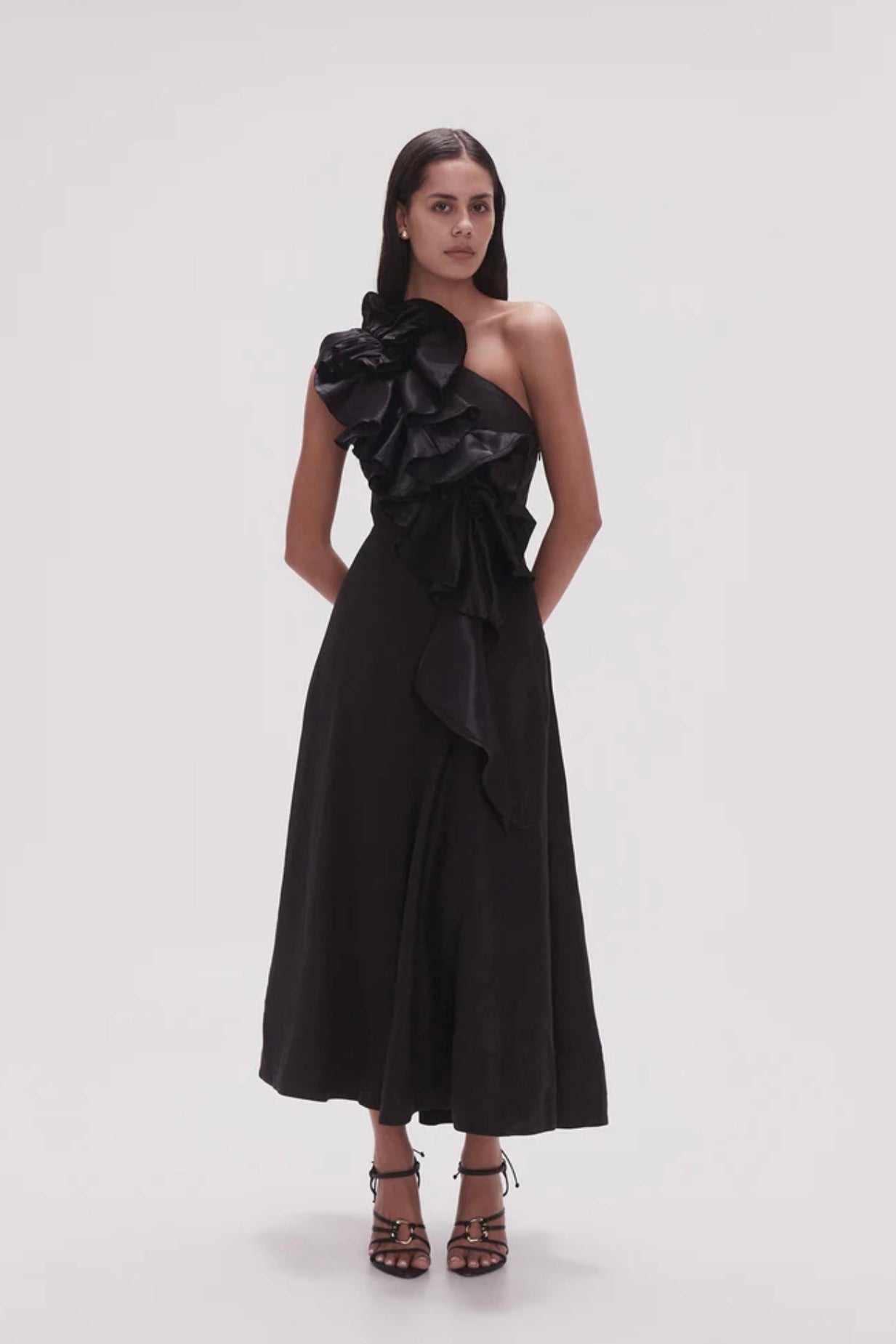ADELIA RUFFLE MIDI DRESS | BLACK