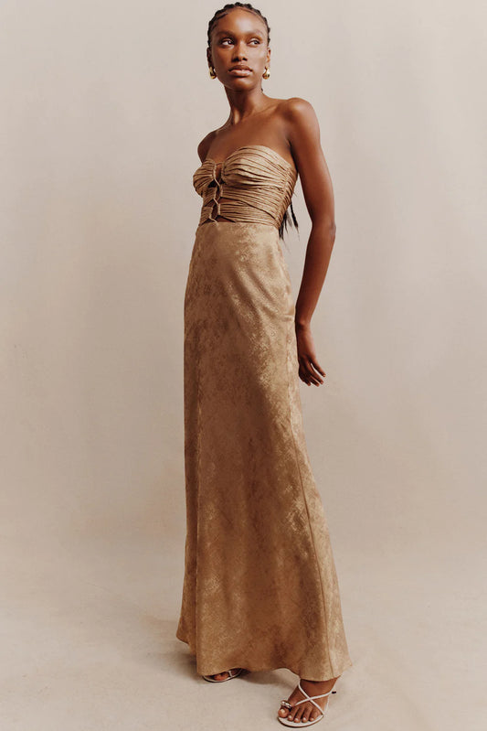 ROYALE STRAPLESS LACE UP MAXI DRESS | GOLD
