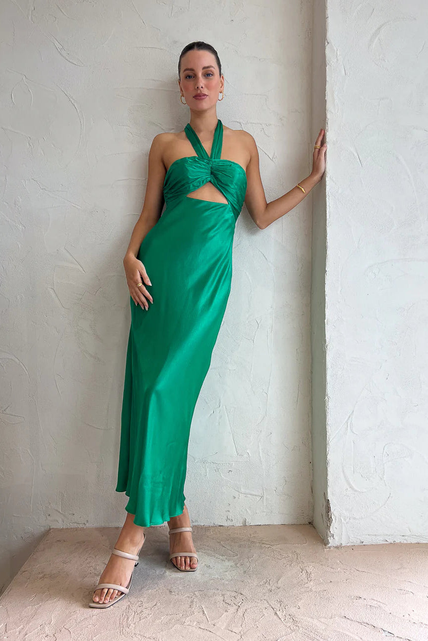 LANA RUCHED HALTER MIDI DRESS | GREEN DRESSED BY ES LANA RUCHED HALTER MIDI DRESS | GREEN DRESSED BY ES