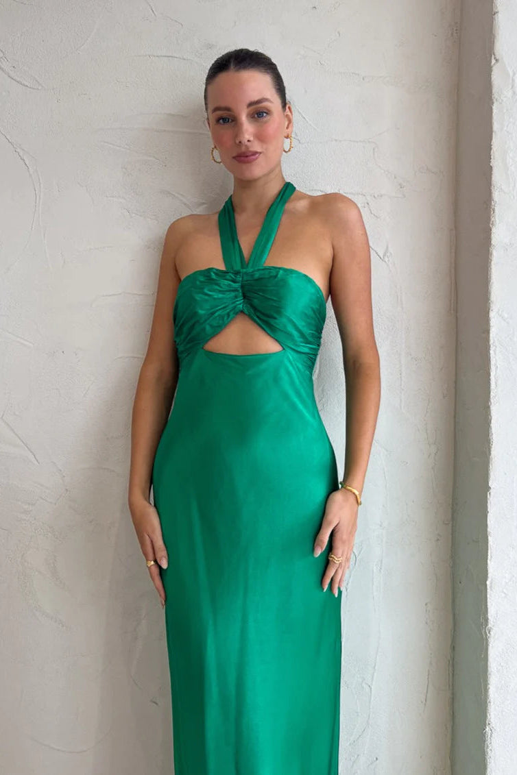 LANA RUCHED HALTER MIDI DRESS | GREEN