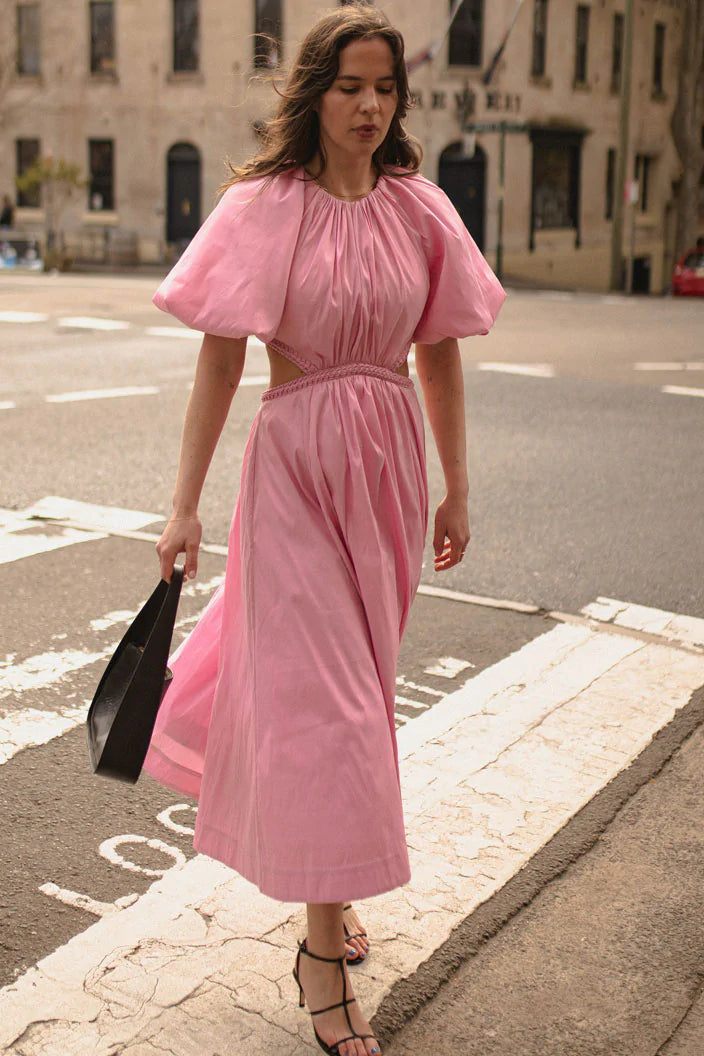 CAPUCINE PUFF SLEEVE MIDI DRESS | PINK