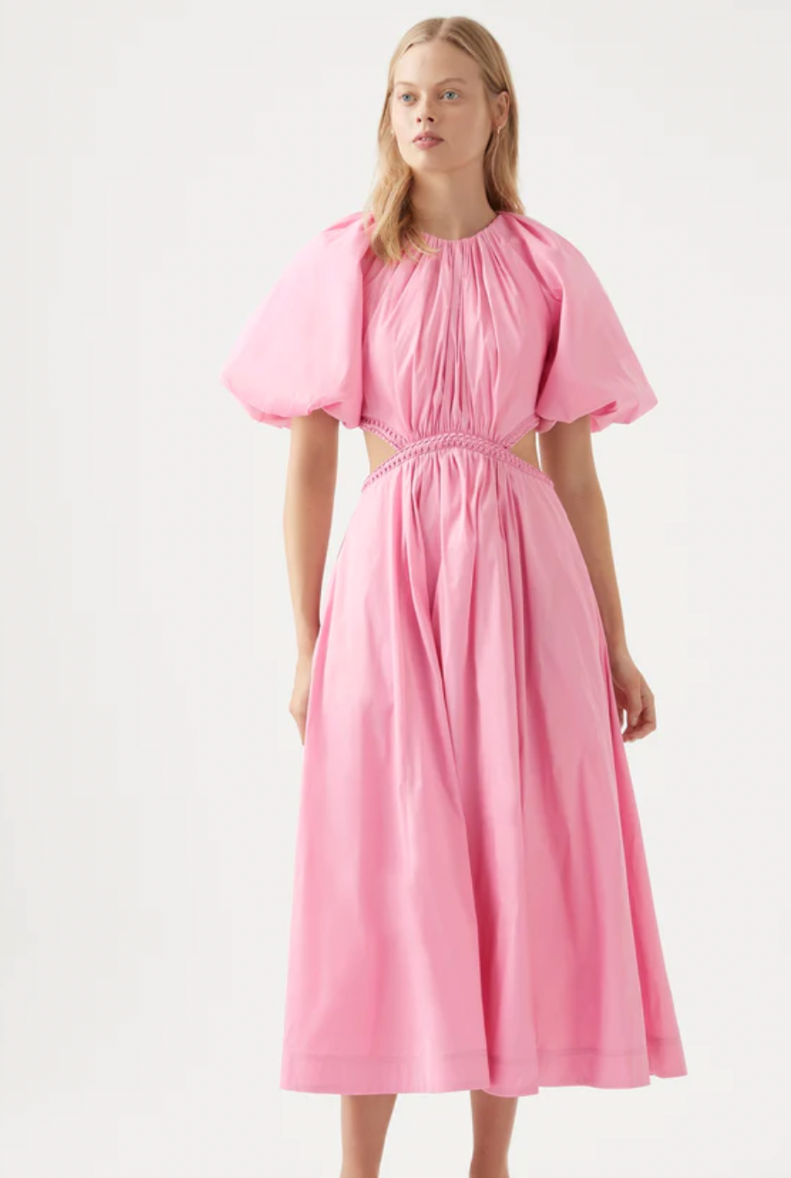 CAPUCINE PUFF SLEEVE MIDI DRESS | PINK