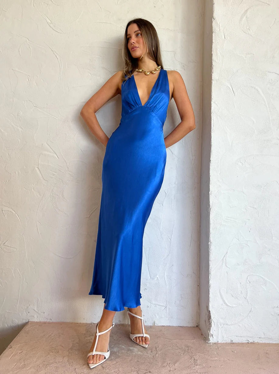 OLIVIERA PLUNGE CROSS BACK MIDI DRESS BLUE DRESSED BY ES