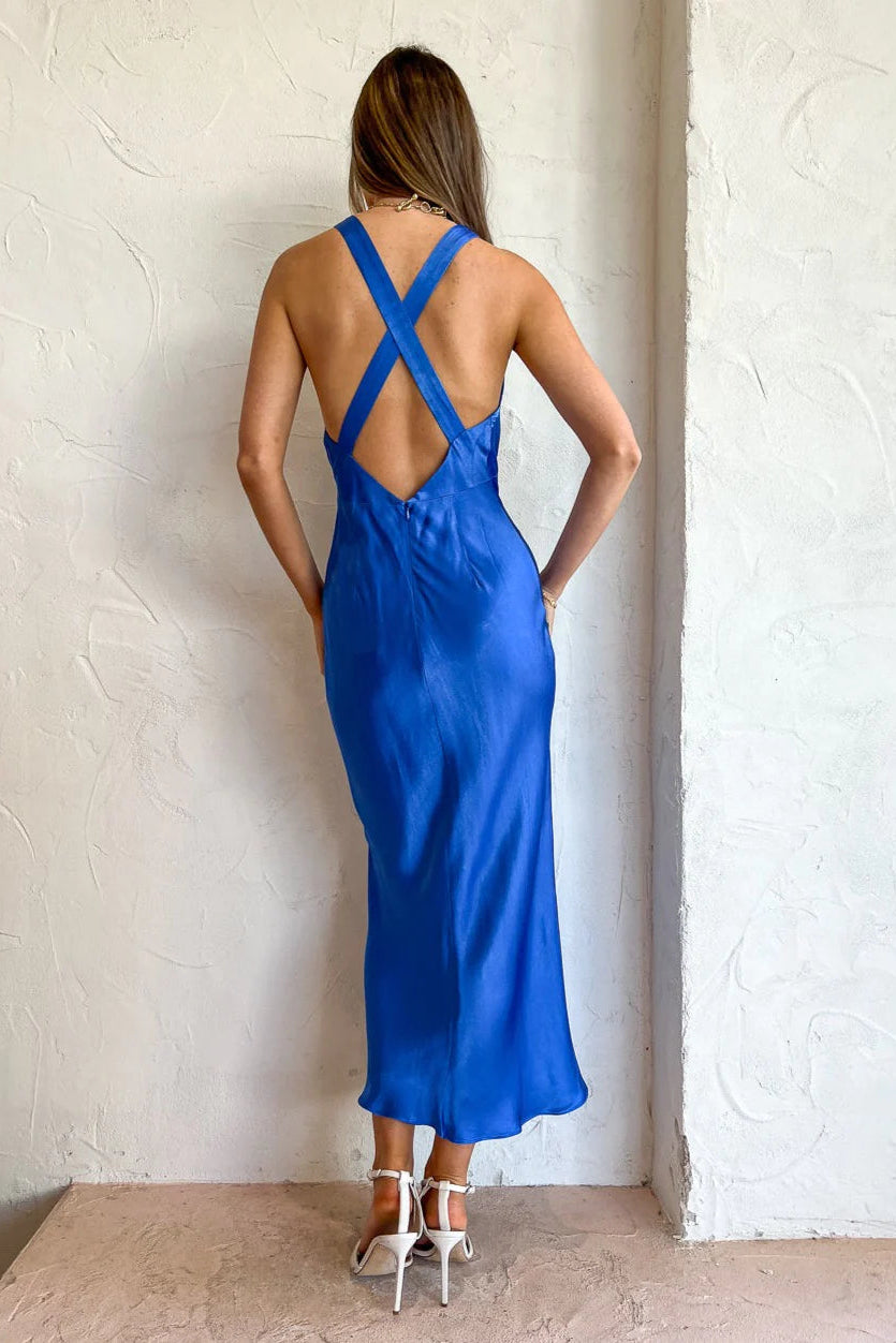 OLIVIERA PLUNGE CROSS BACK MIDI DRESS | BLUE