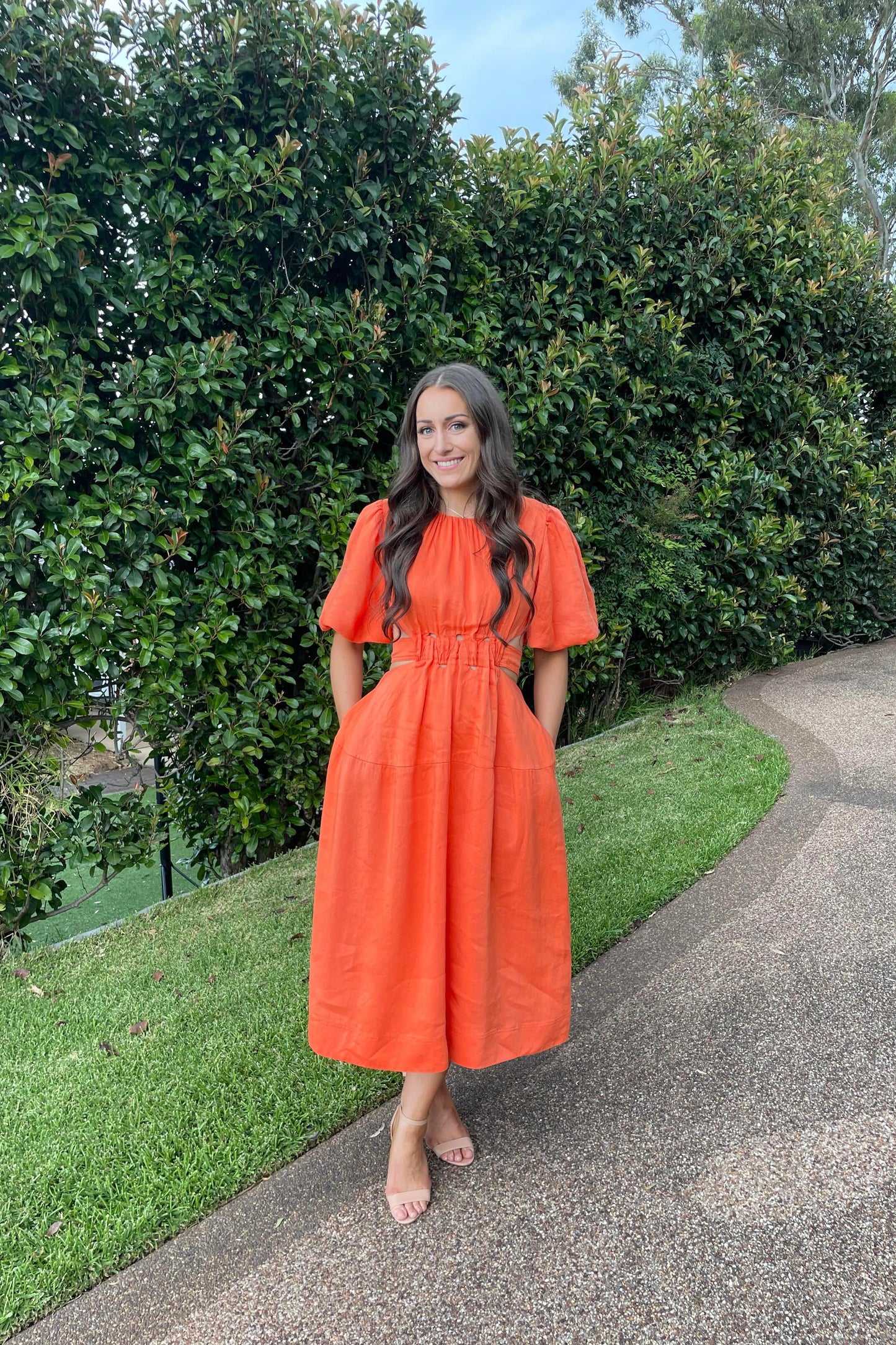 COSETTE TIE BACK MIDI DRESS | ORANGE