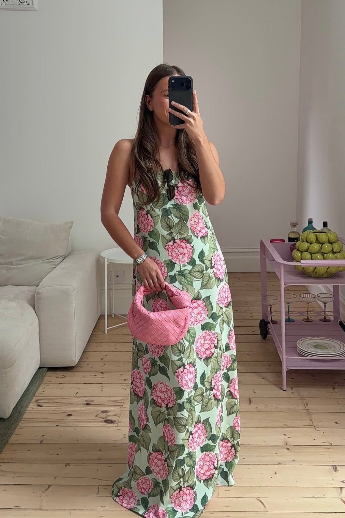 Palm Noosa Alessia Dress Pink Jardin strapless A-line floral maxi wedding guest dress hire Australia