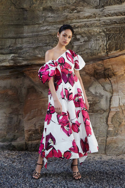 ARISTA TULIP SLEEVE MIDI DRESS | FALLING FLOWERS