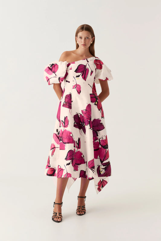 ARISTA TULIP SLEEVE MIDI DRESS | FALLING FLOWERS