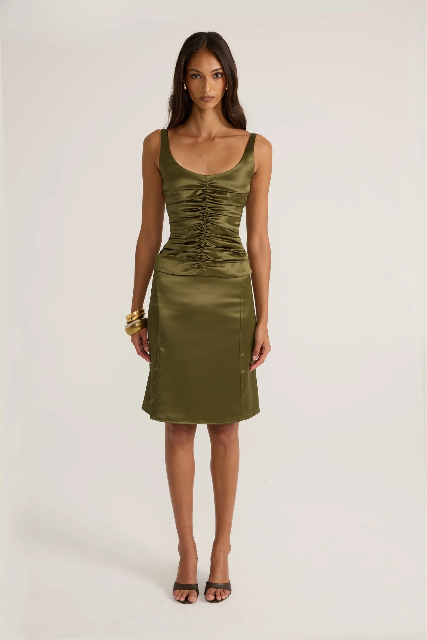 Ance Gria Atlein Set Olive ruched top midi skirt birthday celebration dress hire Australia