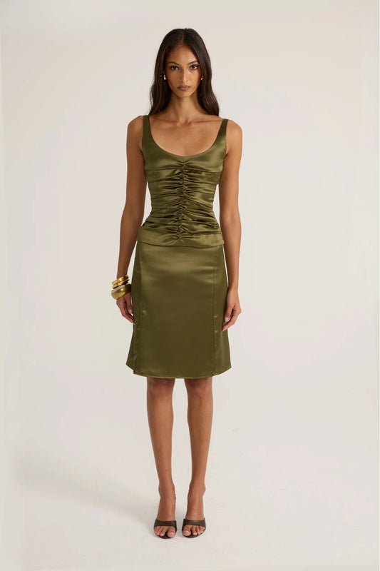 Ance Gria Atlein Set Olive ruched top midi skirt birthday celebration dress hire Australia
