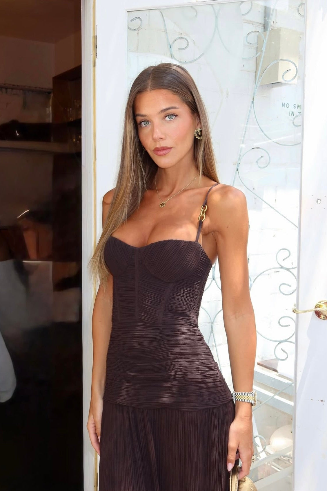 DOUBLE TIME PLEAT DRESS | DARK CHOCOLATE