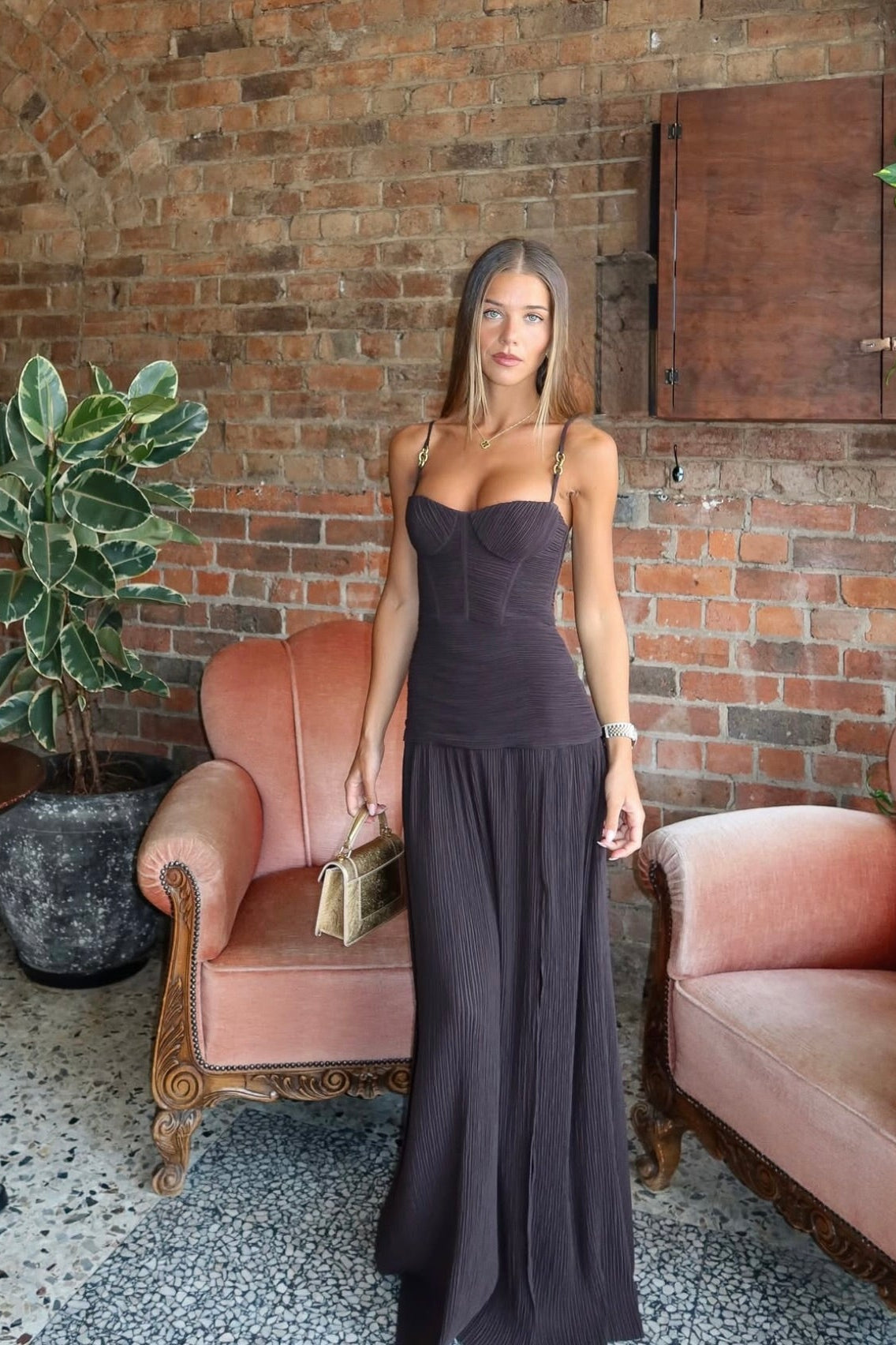 DOUBLE TIME PLEAT DRESS | DARK CHOCOLATE