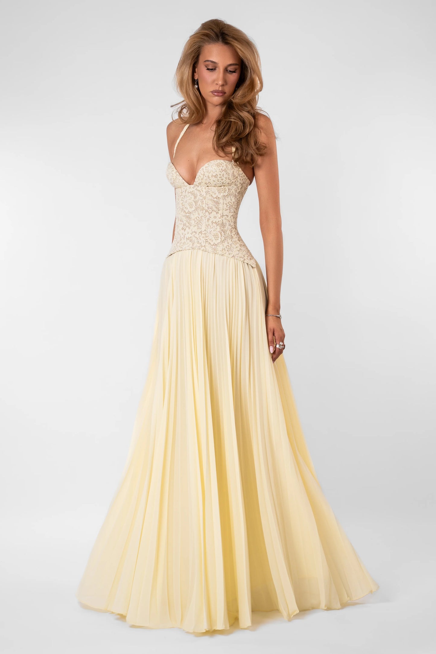 Fenity Gaia Dress Butter yellow flattering fit formal maxi dress rental Australia