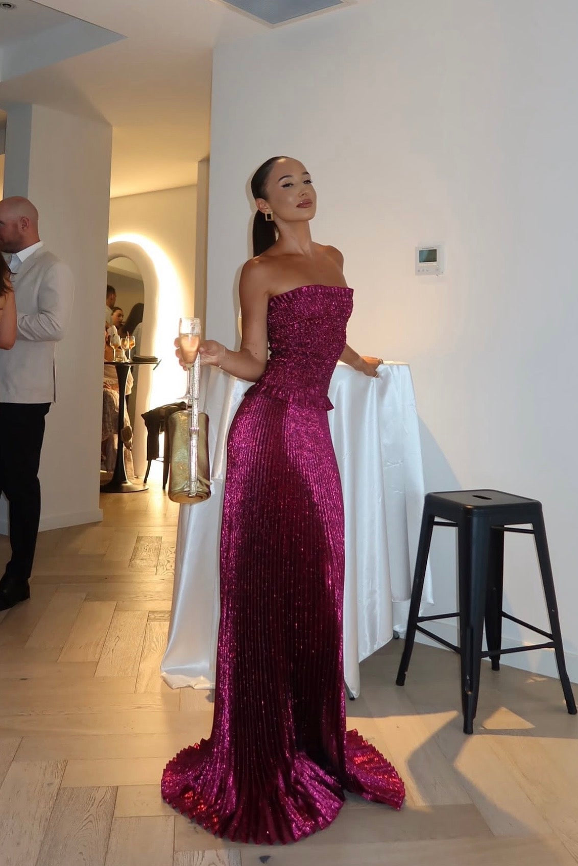 L'Idée Maya Gown Sangria Glitter umbrella pleats wedding guest gown hire Australia