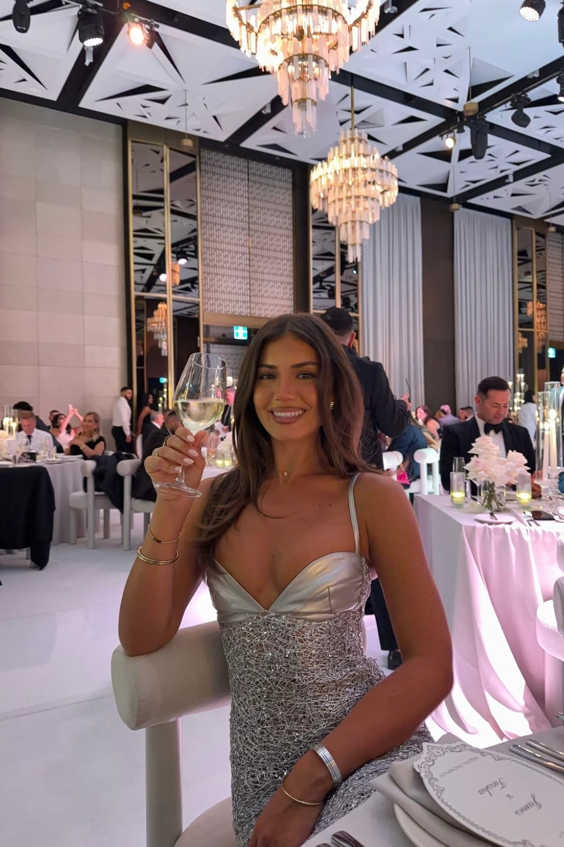 The Dolls House Sira Maxi Dress Silver silver sequin evening gown special occasion dress hire Australia