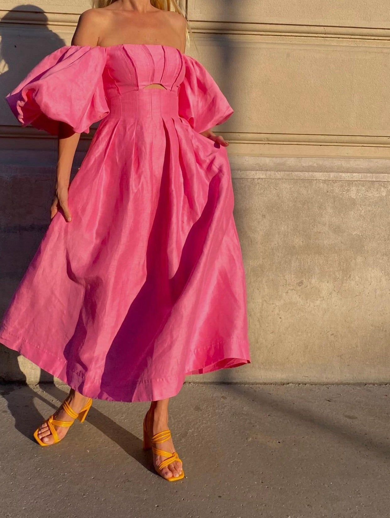 EUGENIE OFF SHOULDER MIDI DRESS | FRENCH ROSE PINK