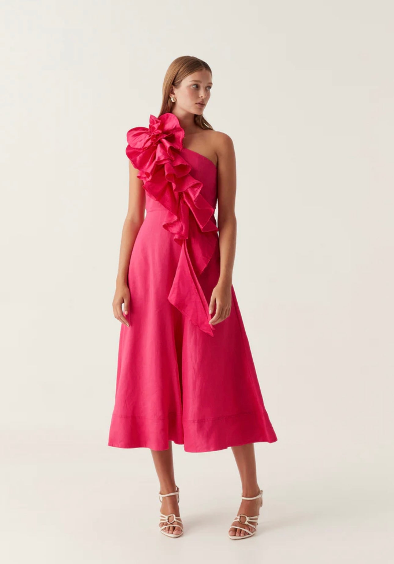 ADELIA RUFFLE MIDI DRESS | BOUGAINVILLEA RED