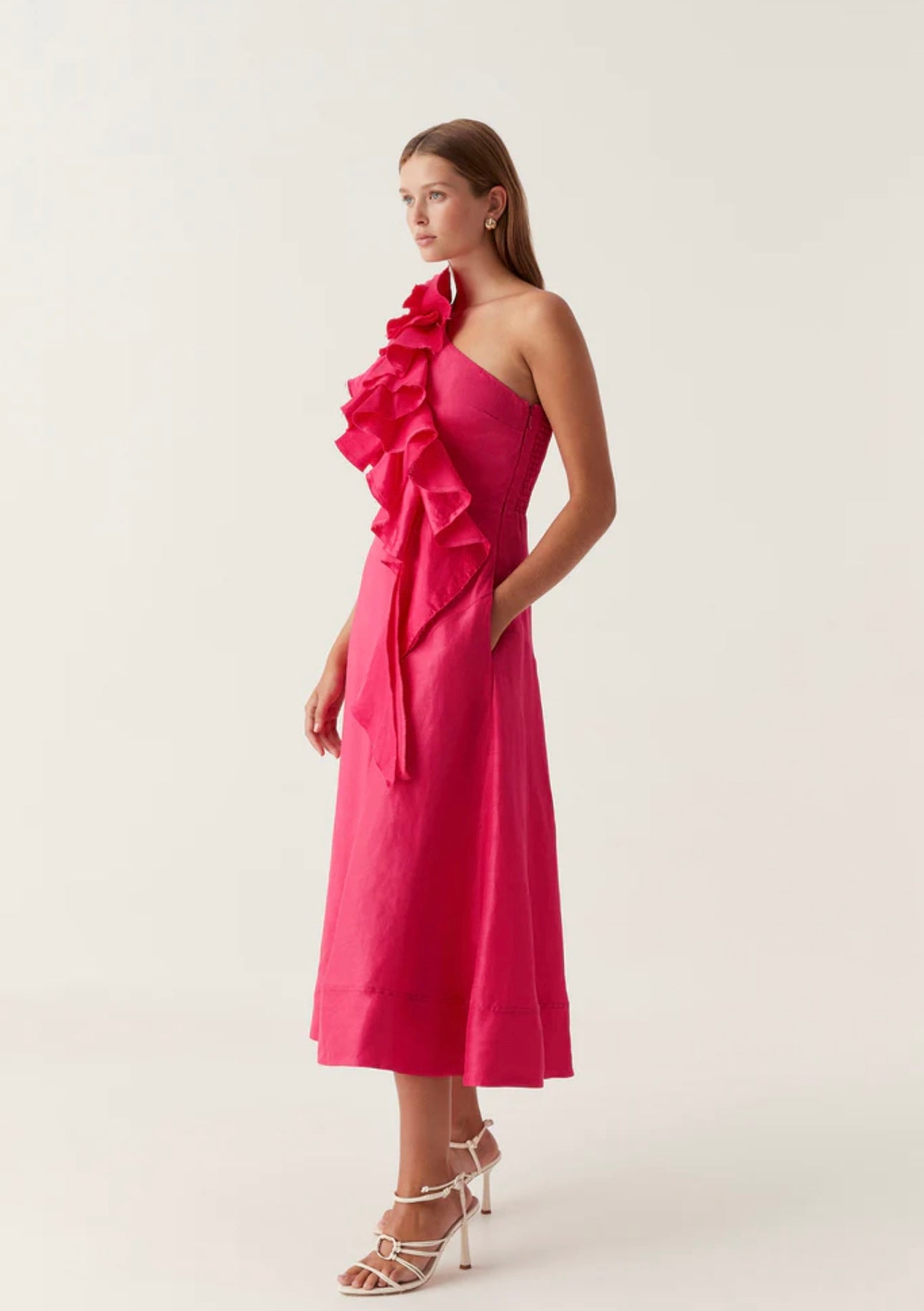 ADELIA RUFFLE MIDI DRESS | BOUGAINVILLEA RED