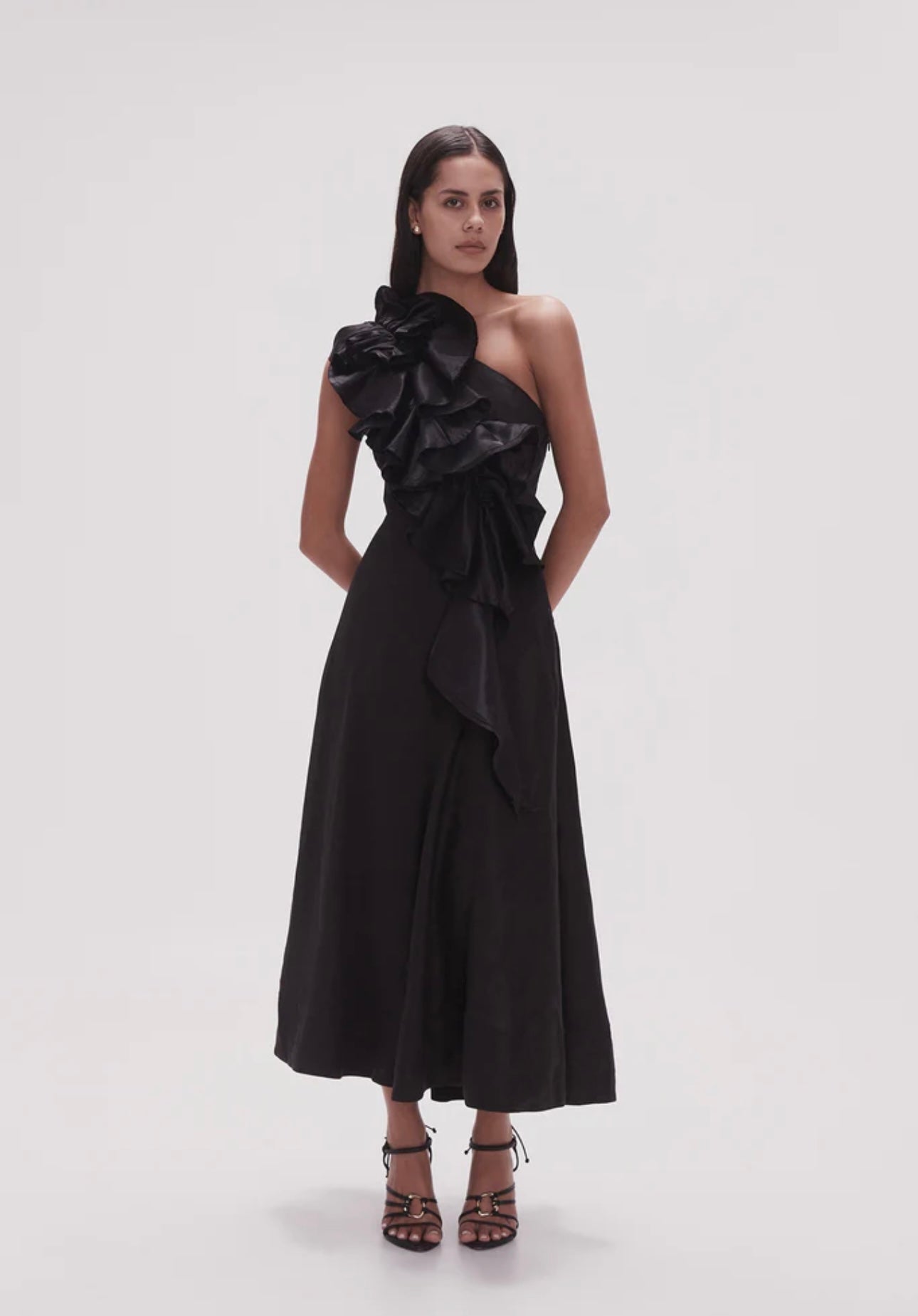 ADELIA RUFFLE MIDI DRESS | BLACK