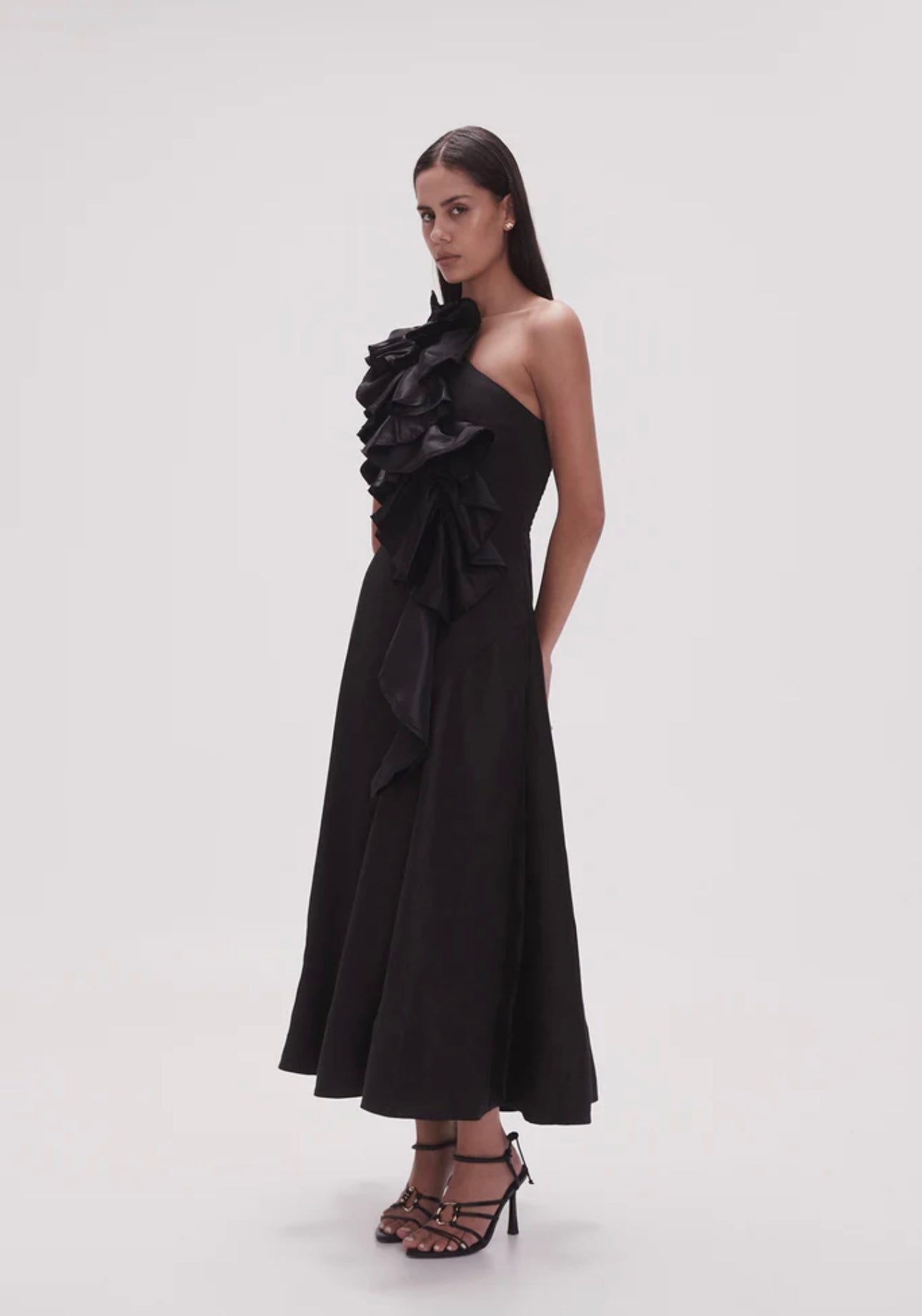 ADELIA RUFFLE MIDI DRESS | BLACK