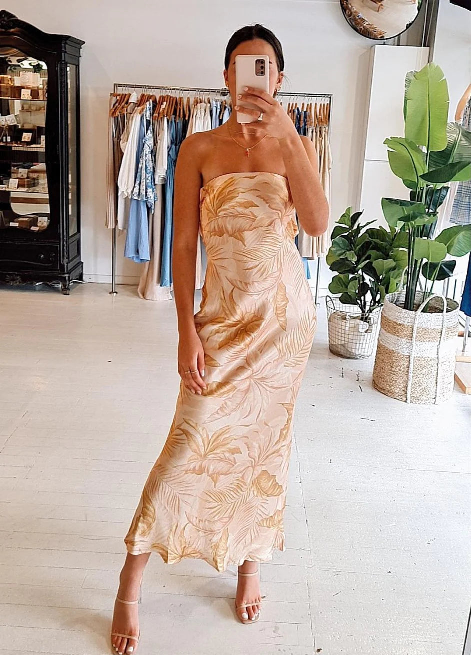 DUSTY PALMS STRAPLESS MAXI