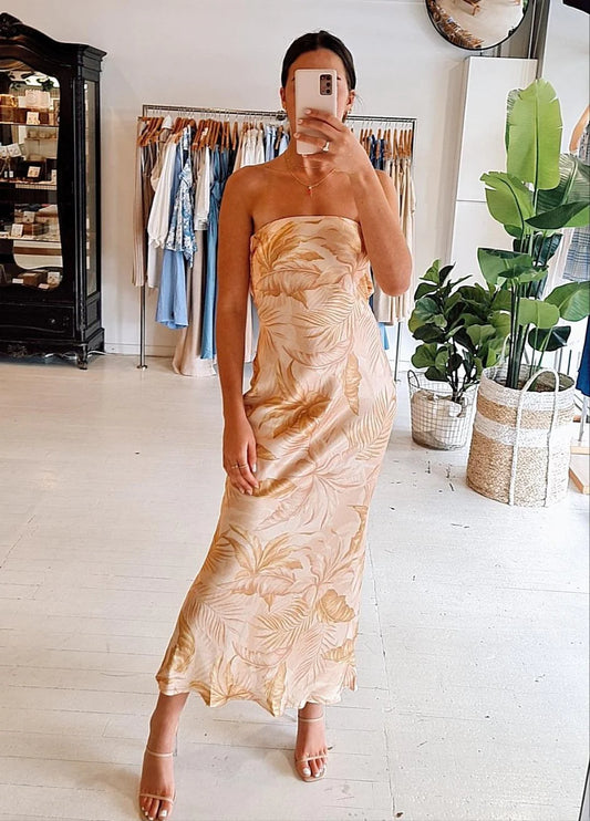 DUSTY PALMS STRAPLESS MAXI