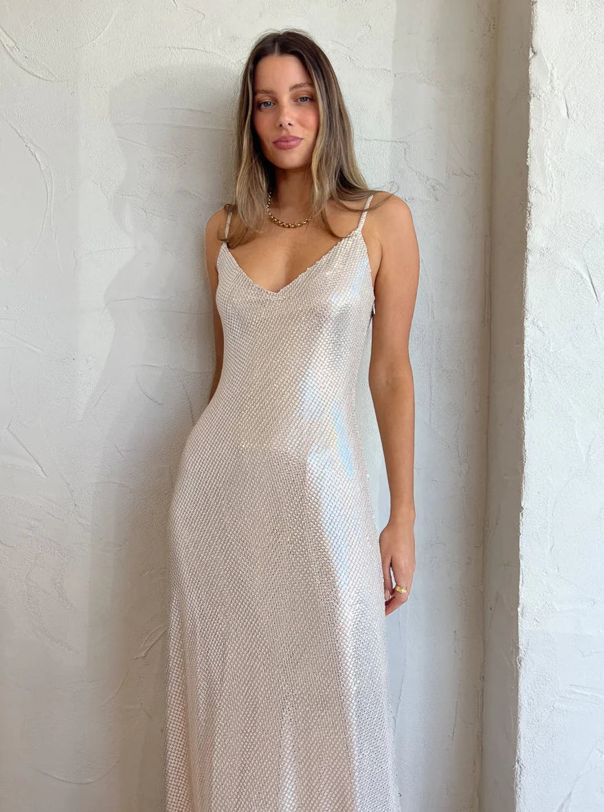 HIGH VOLTAGE SLIP DRESS | NUDE/SILVER