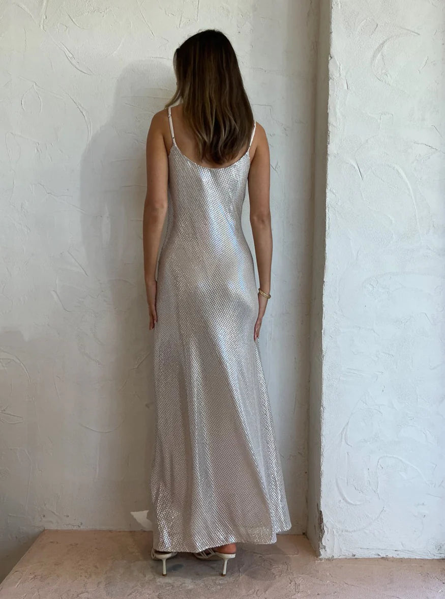 HIGH VOLTAGE SLIP DRESS | NUDE/SILVER