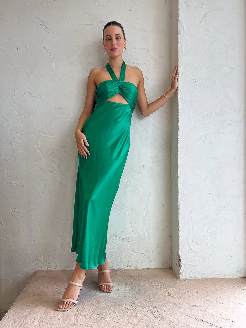 LANA RUCHED HALTER MIDI DRESS | TREE GREEN