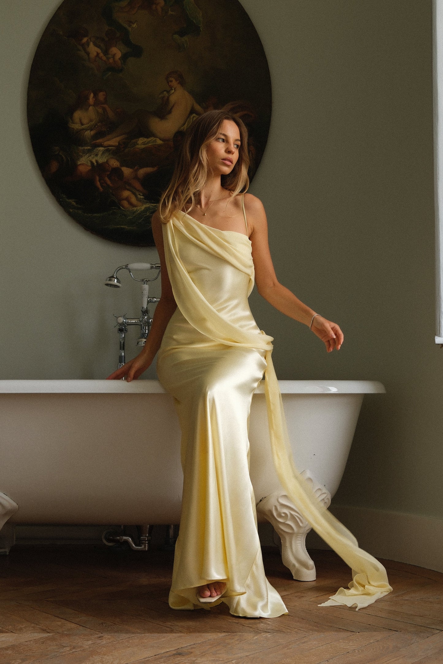 Arcina Ori Helena Dress Lemon yellow asymmetric neckline chiffon satin floor length formal gown dress hire