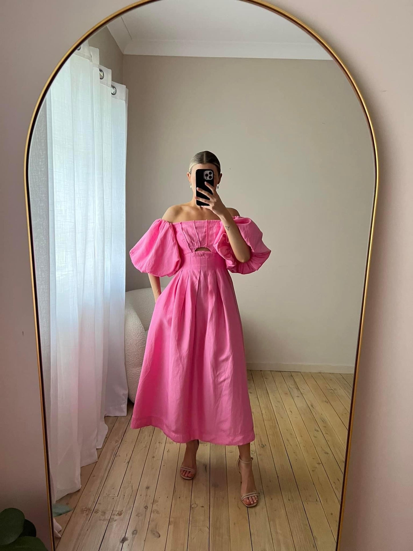 EUGENIE OFF SHOULDER MIDI DRESS | FRENCH ROSE PINK