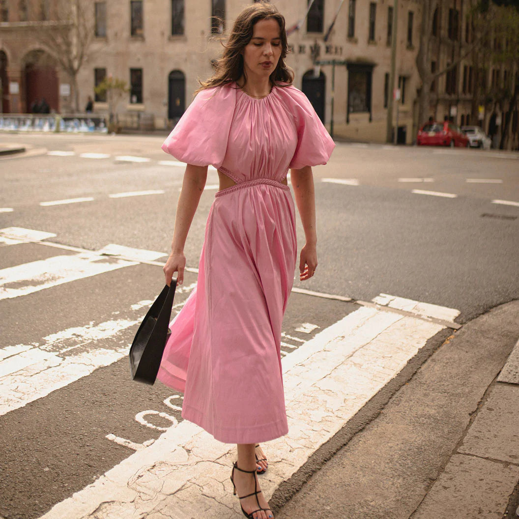 CAPUCINE PUFF SLEEVE MIDI DRESS | PINK