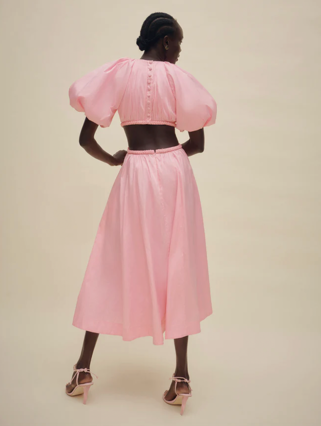 CAPUCINE PUFF SLEEVE MIDI DRESS | PINK