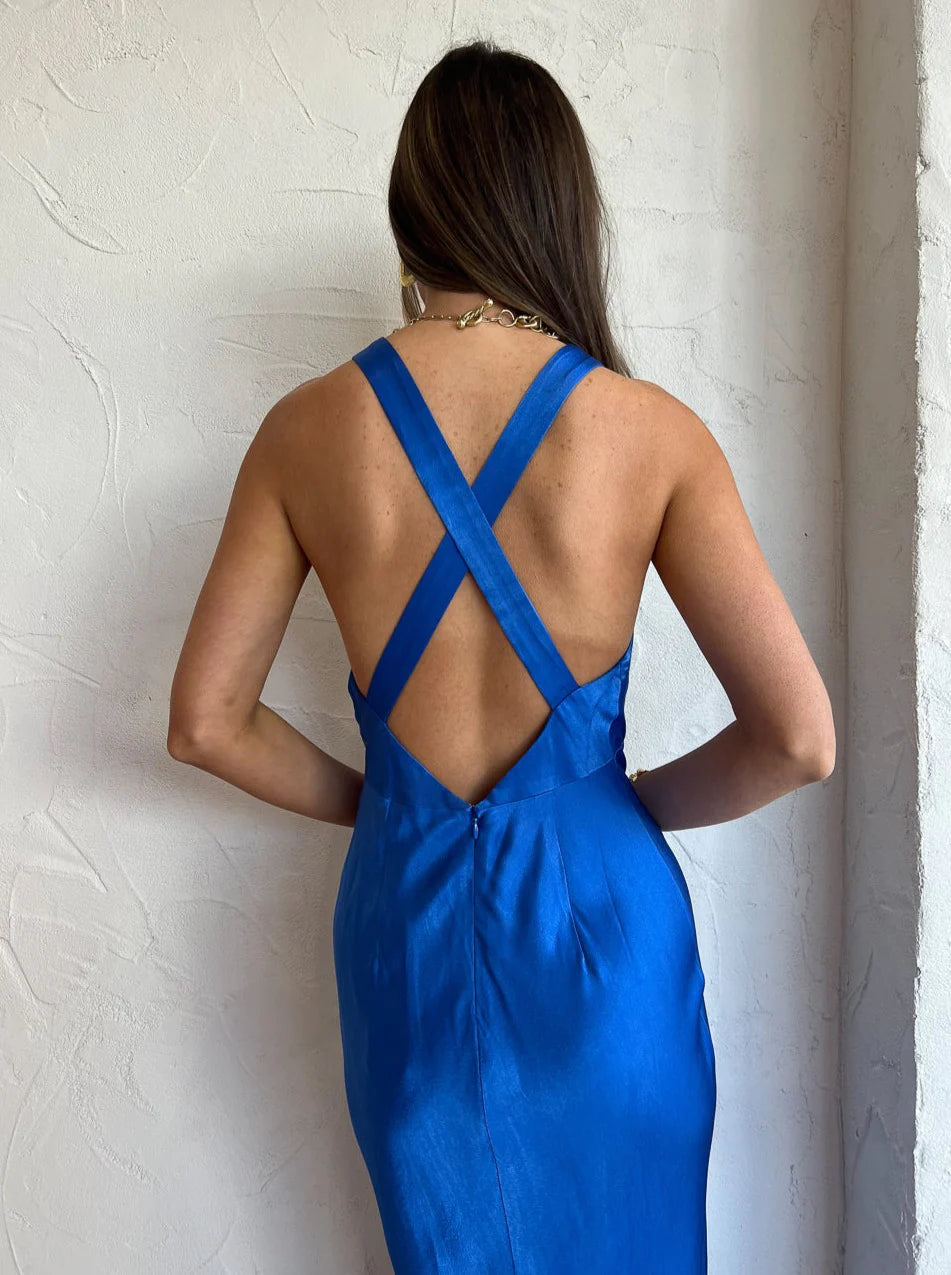 OLIVIERA PLUNGE CROSS BACK MIDI DRESS | BLUE