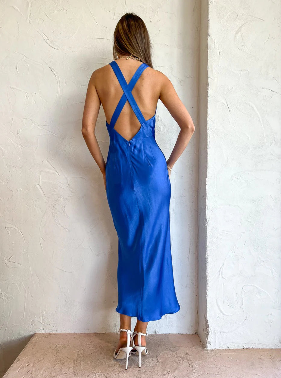OLIVIERA PLUNGE CROSS BACK MIDI DRESS | BLUE